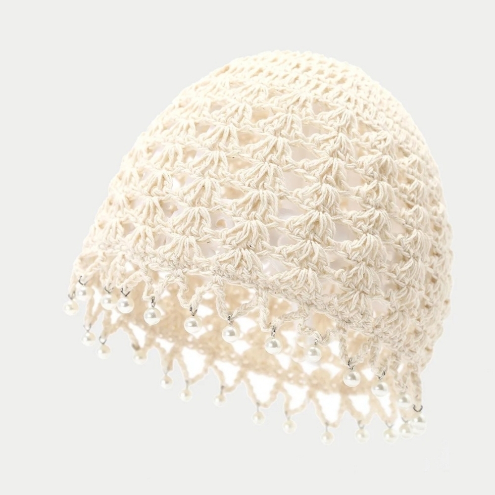 Crochet Beanie Faux Pearl Tassels - Cream